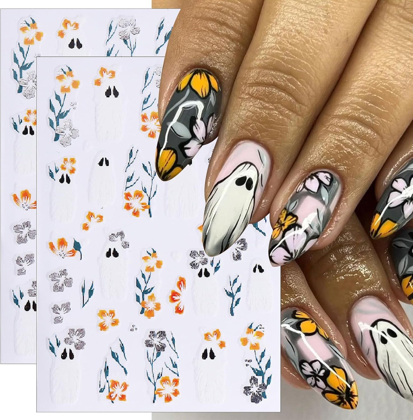 8 Sheets Halloween Nail Art Stickers Decals Halloween Cute Ghost Flower Nail Stickers Gold and Silver Hibiscus Flowers Designs Nail Decals for Women Girls DIY Manicure Decorations