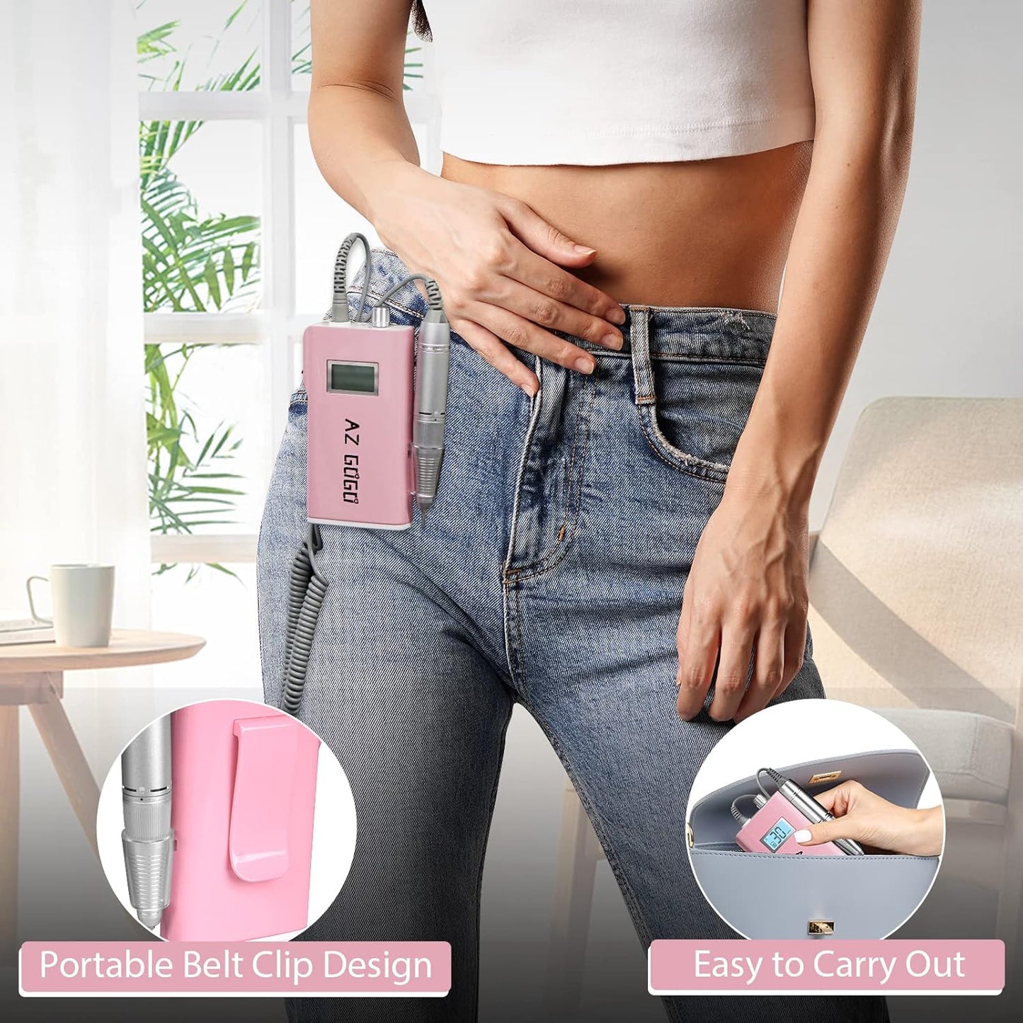 Professional Nail Drill Machine, AZ GOGO 30000RPM Rechargeable Portable Nail Drills for Acrylic Gel Nails - Cordless Electric Nail Drill with LCD Display (Pink)