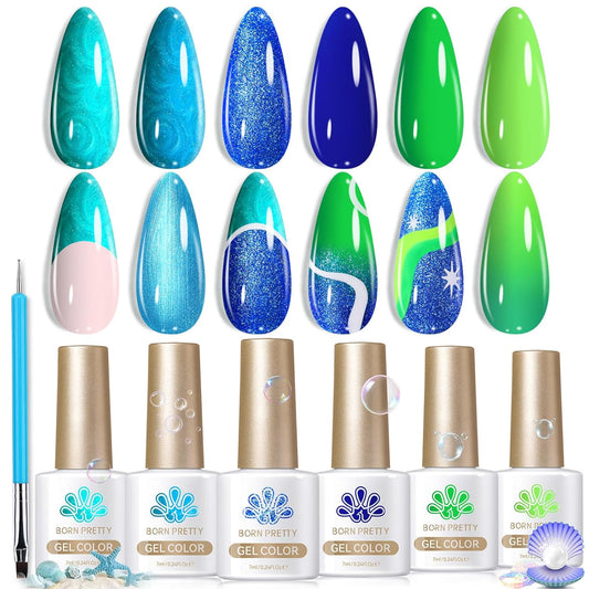 BORN PRETTY 6 Colors Shimmer Swirl Pacific Blue Glitter Blue Green Gel Polish Swirl Shell Thread Effect Soak Off Nail Art Design Salon Home Manicure Gift