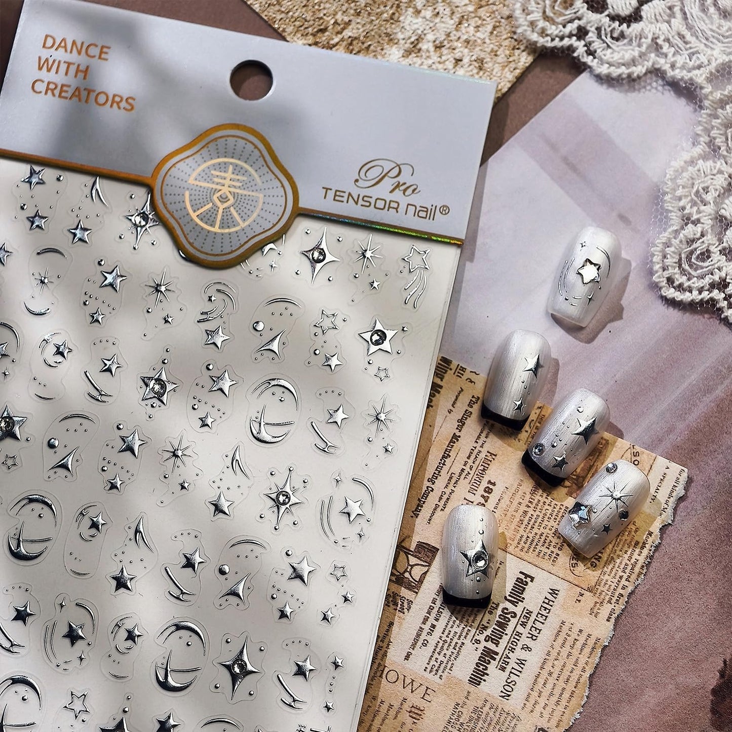 Shine Silver Star Nail Stickers for Nail Art 5D Embossed Self-Adhesive Pentagram Nail Decals with Rhinestones Designs for Women DIY Manicure Supplies Decorations 1 Sheets