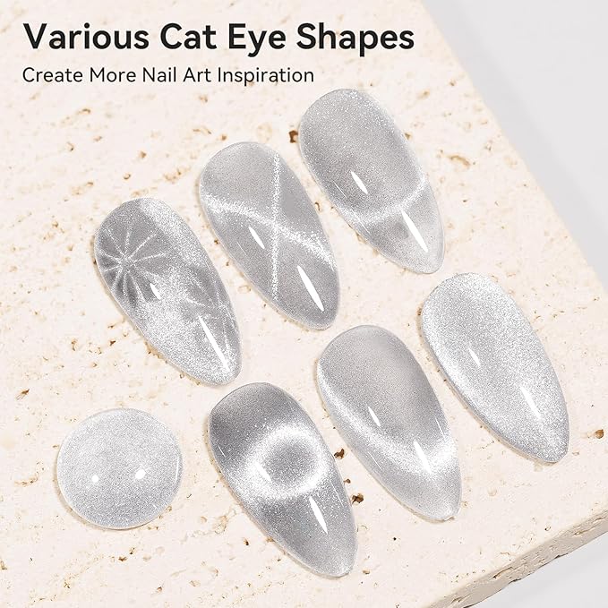 Cat Eye Gel Nail Polish, Silver Glitter Magnetic Cat Eye Nails With Magnet Stick, For Holographic Shimmer Cateye Effect, UV Velvet Nail Art Manicure Salon DIY Home, 12ML