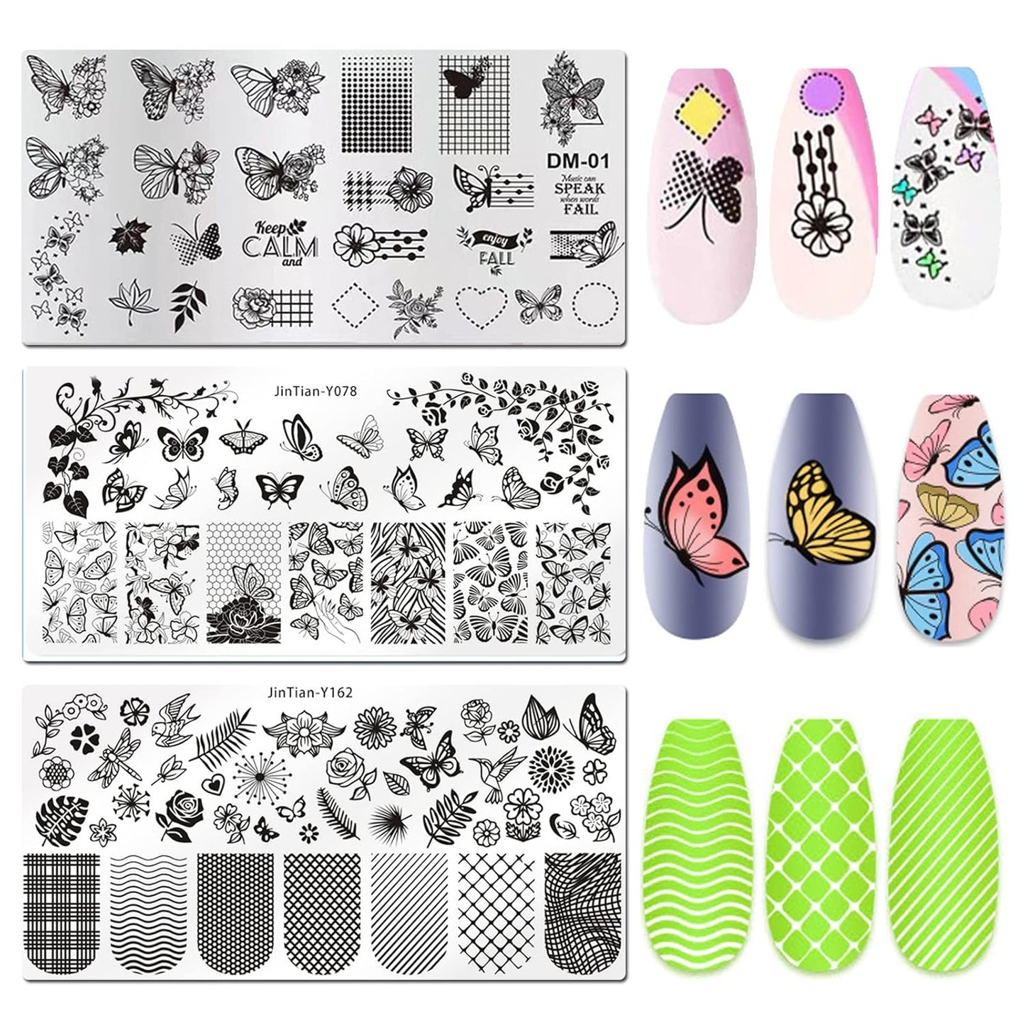 LoveOurHome Nail Stamping Plate Kit Flower Butterfly Lace Animal Fingernails Template Stencil Stamps Plate Silicone Stamper Scraper Manicure Design Tools Set (Butterfly)