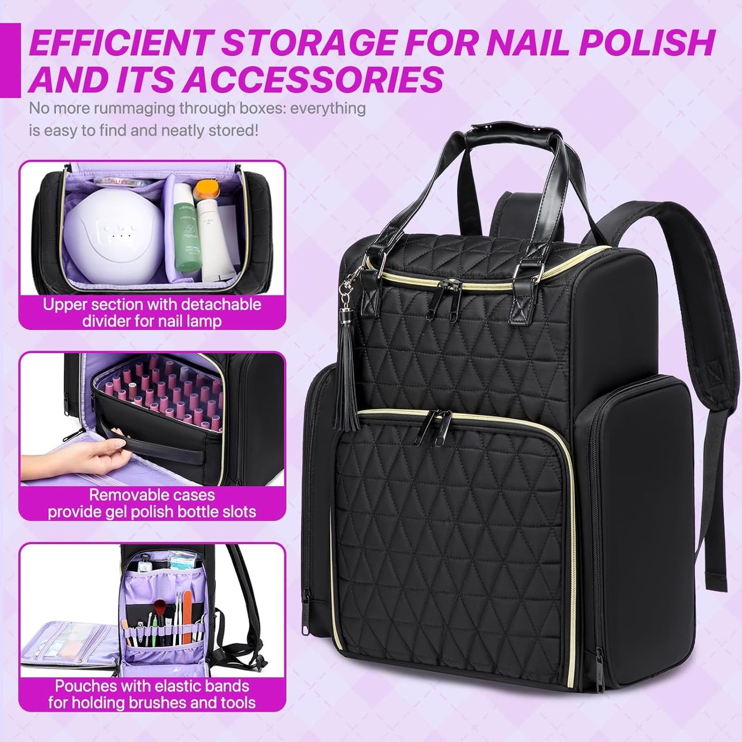 Nail Bag Organizer Case Backpack, Nail Bag Holds 80 Bottles (15ml-0.5 fl.oz) and Nail Lamp, Nail Polish Case with 2 nail polish Bag, Portable Travel Backpack for Nail Tech Supplies Manicure Tools