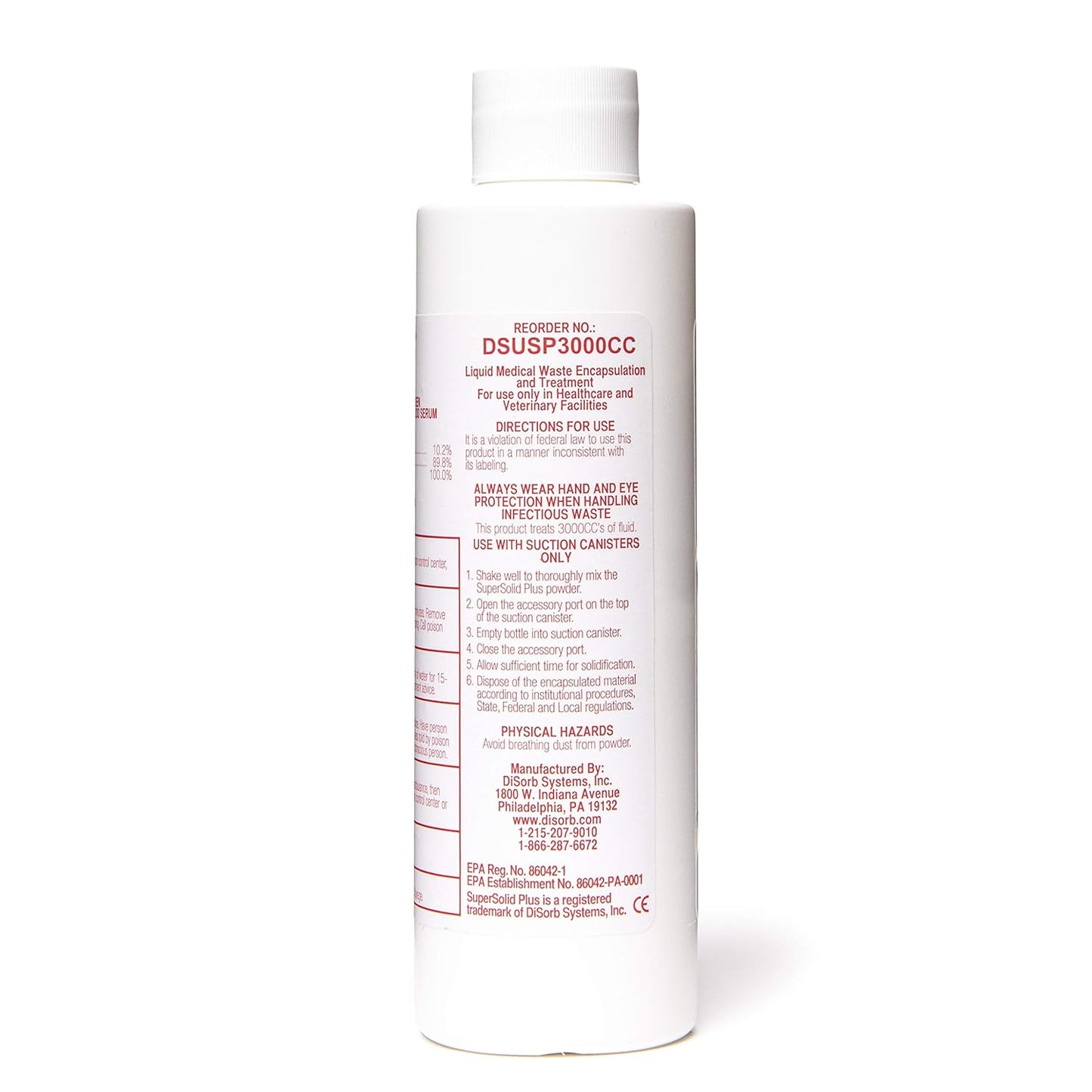 DiSorb Suction Canister Sterilizer Absorbent Powder - Absorbs Bodily Fluids & Blood - For Hospitals, Health Care Facilities, Veterinary Clinics - EPA Approved Solidifier - 2000cc -100 Bottles Per Case