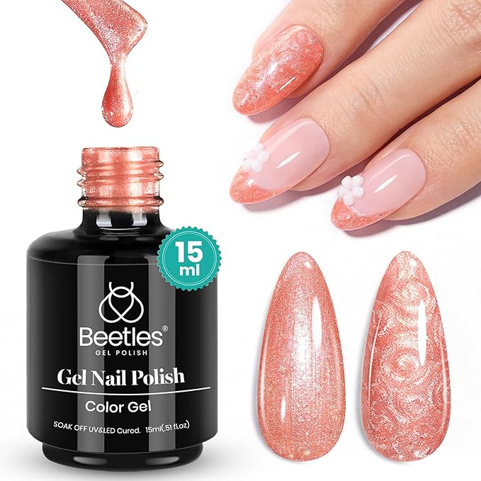 Beetles Glow with Grace Glitter Gel Polish 15ml Coral Orange Gel Nail Polish Colors Pearl Shimmering Coral Glow with Threaded Swirl Design Soak Off UV LED for DIY Salon Manicures