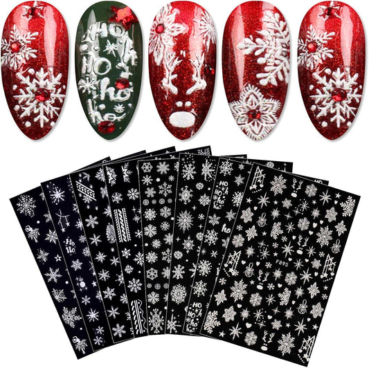 JMEOWIO 8 Sheets Christmas White Glitter Nail Art Stickers Decals Self-Adhesive Snowflake Winter Holiday Nail Supplies Nail Art Design Decoration Accessories