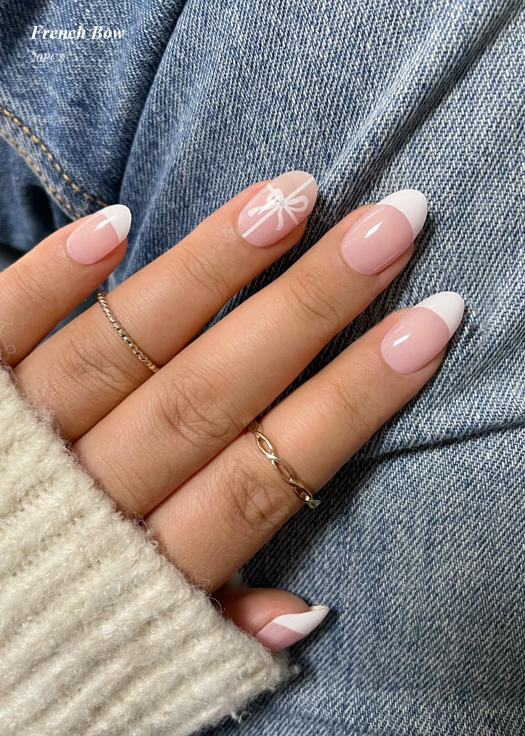 Semi Cured Gel Nail Strips (French Bow)-20 PCS Gel Nail Stickers | Gel Nail Wraps | UV Light Required, Salon Quality & Easy To Use
