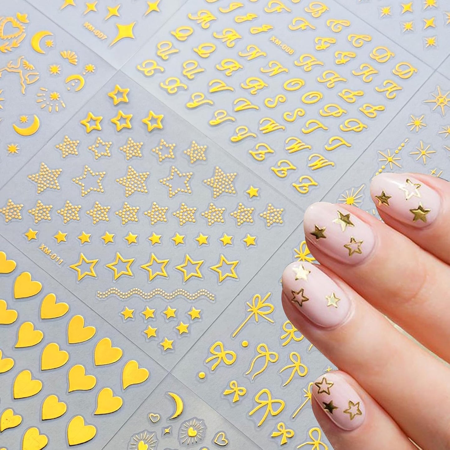 30 Sheets Star Nail Sticker Gold Star Moon Nail Art Stickers Heart Knot Bow Design 3D Self-Adhesive Nail Decals for Women Girls DIY Nail Art Decoration Accessories