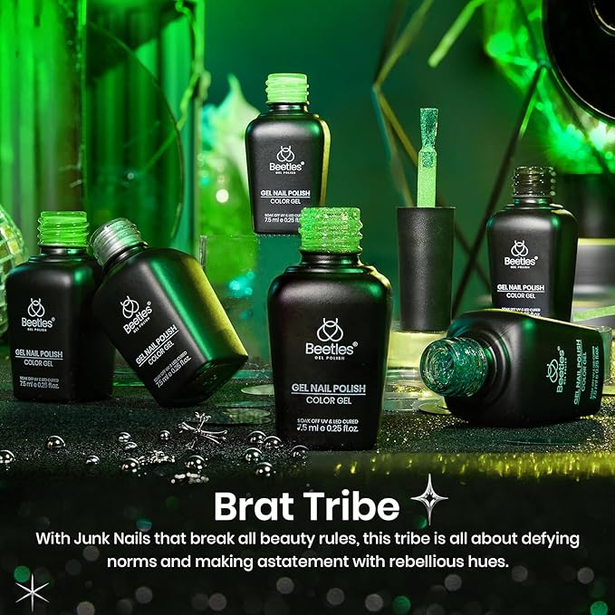 Beetles Neon Green Gel Nail Polish Set, Halloween Black Glitter Silver Brat Tribe Gel Polish with Rhinestones Soak off Uv Lamp Nail Festival Manicure Gift for Women
