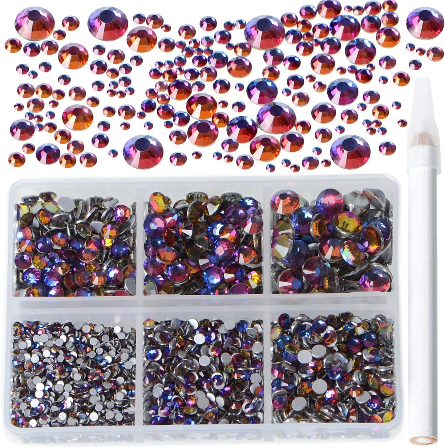 Bymitel 5000 Pieces 6 Mixed Sizes Glue Fix on Glass Rhinestones Round Crystal Gems Flatback for DIY Jewelry Making with one Picking Pen(6-Sizes 5000PCS, Blue Volcanic)