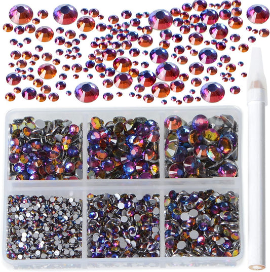 Bymitel 5000 Pieces 6 Mixed Sizes Glue Fix on Glass Rhinestones Round Crystal Gems Flatback for DIY Jewelry Making with one Picking Pen(6-Sizes 5000PCS, Blue Volcanic)
