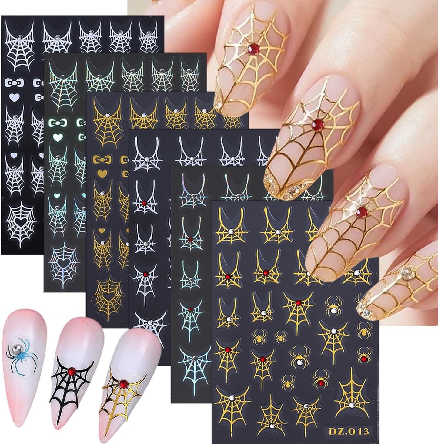 6 Sheets Halloween Scary Nail Stickers Gold Laser Silver White Nail Art Stickers Decals 3D Self-Adhesive Spider Web Bow Nail Decals for Women Halloween Party Nails Design Decoration Supplies