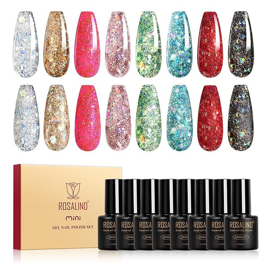 ROSALIND Glitter Sequins Gel Nail Polish, 8 Color Glitter Gel Polish Lightning Sparkle Effect Super Shiny Professional Soak Off UV Gels