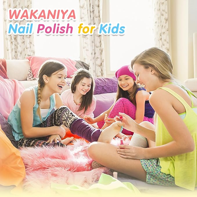 wakaniya Kids Nail Polish for Girls, Mini Nail Polish Set with Clear Non-Toxic Nail Polish Kit, Water-Based Peel-Off Quick Dry Low Odor Nail Polish Set Ages 3+