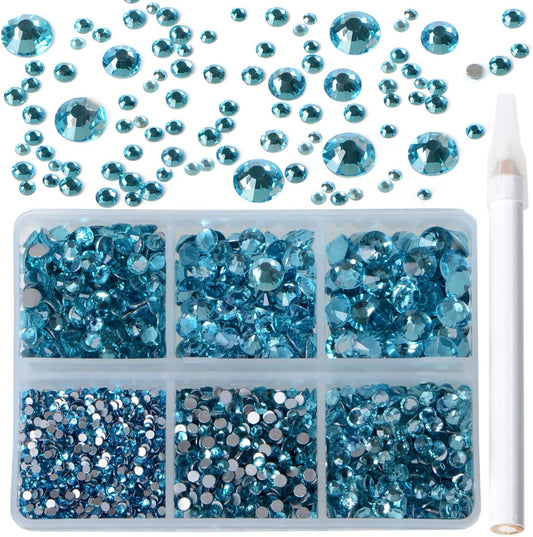 Bymitel 5000 Pieces 6 Mixed Sizes Glue Fix on Glass Rhinestones Round Crystal Gems Flatback for DIY Jewelry Making with one Picking Pen(6-Sizes 5000PCS, Aquamarine)