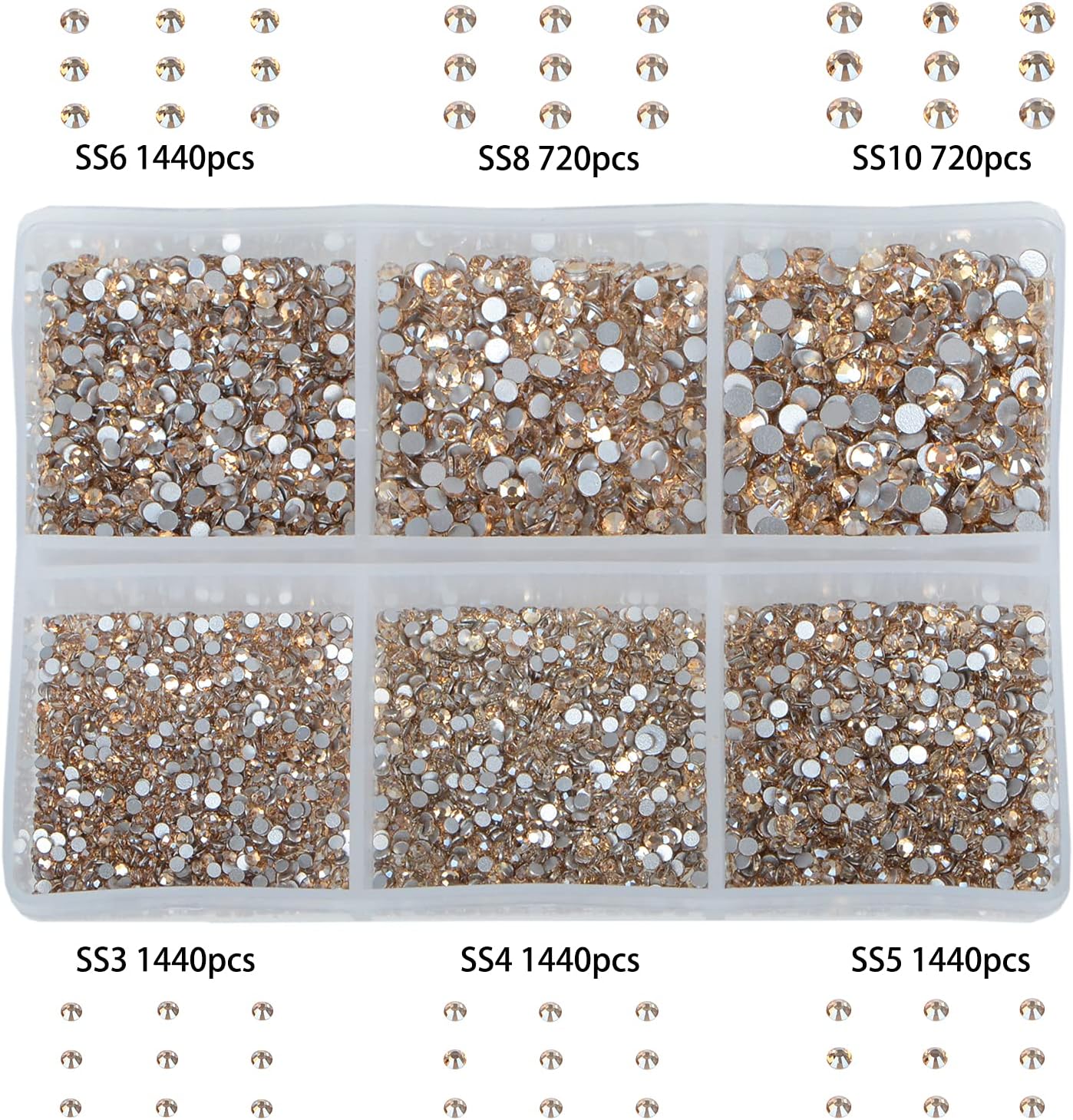 Bymitel 7200 Pieces 6 Mixed Sizes Glue Fix on Glass Rhinestones Round Crystal Gems Flatback for DIY Jewelry Making with one Picking Pen(6-Sizes 7200PCS, Lt. Peach)
