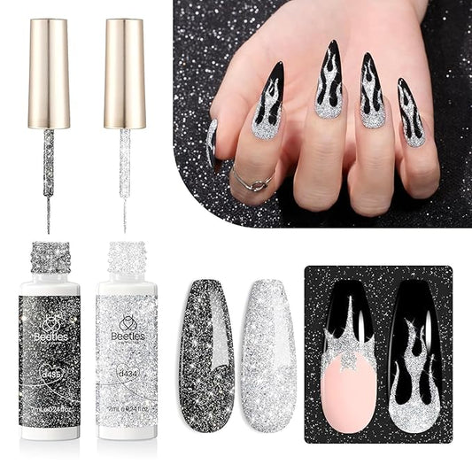 Beetles Reflective Glitter Gel Polish, 2 Pcs Liner Gel Nail Polish Set Black Silver Nail Art Gel Glitter Gel Nail Polish Diamond Shinning Liner Nail Art Design Gifts for Women New Trend