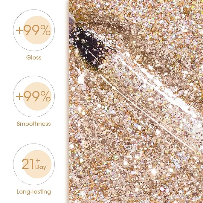 GELLEN Gold Glitter Gel Polish 18ml Gold, Soak off U V LED Reflective Glitter Gel Polish, Color No.872