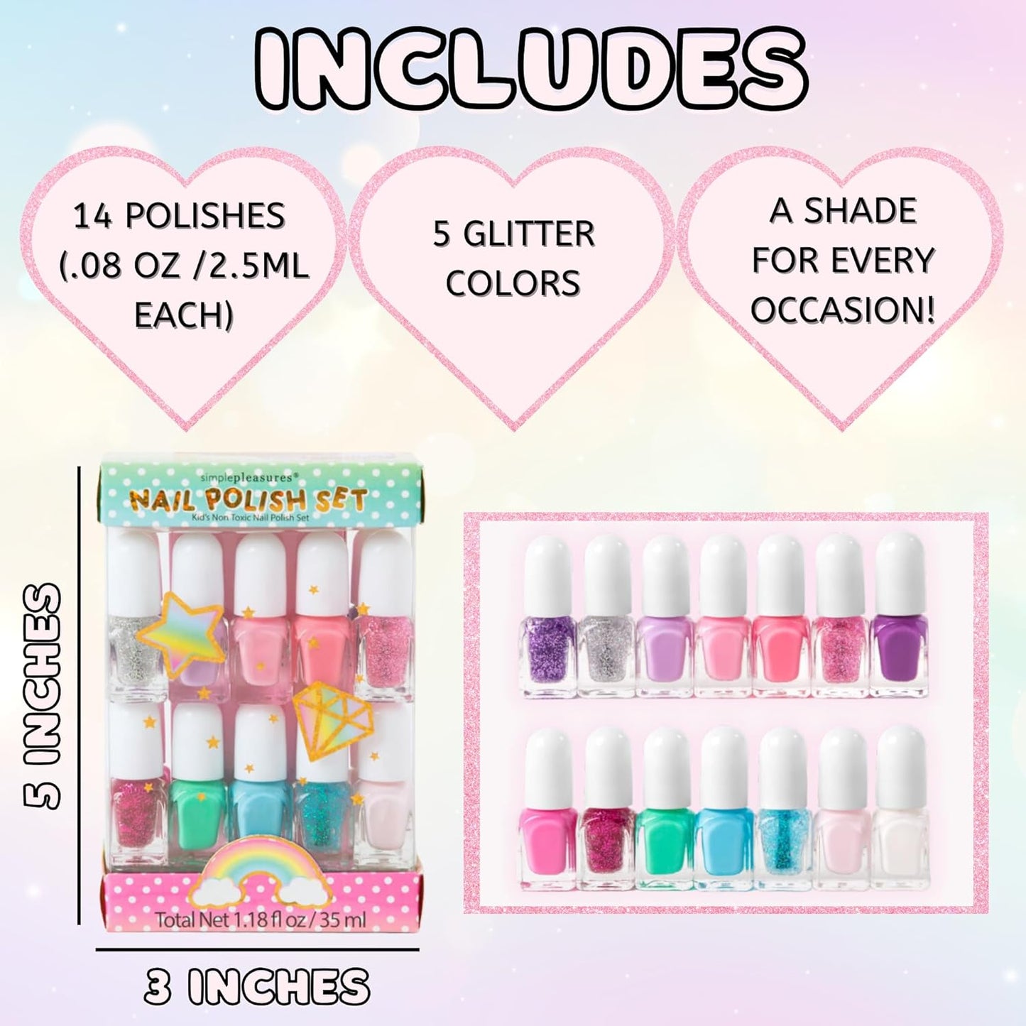 SIMPLE PLEASURES Unicorn Glitter Kids Nail Polish Set for Girls – 14 Water-Based Non -Toxic Nail Art Kit - Gift Set for Girls Ages 7-12