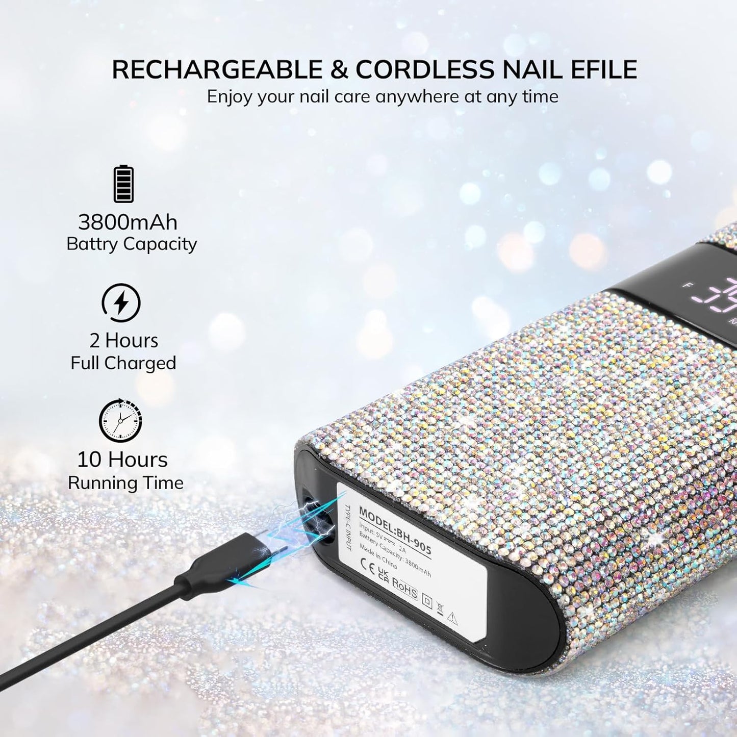 Professional Rechargeable Nail Drill Machine, Lavinda Diamond 35000RPM Electric Nail File Cordless Portable Nail Drill with Coreless Motor for Acrylic Nails, Manicure Pedicure Tool, Crystal Diamond