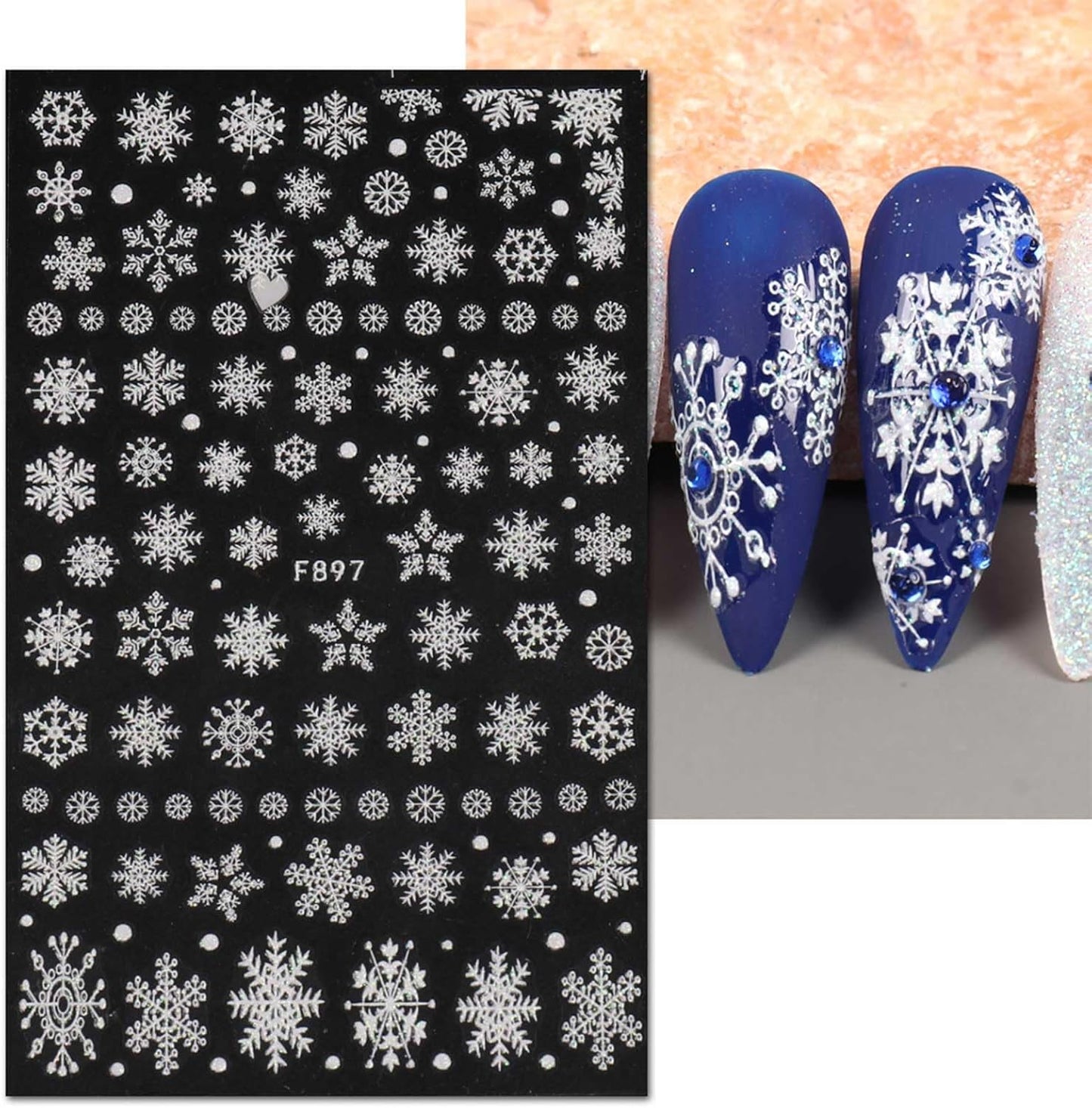 JMEOWIO 8 Sheets Christmas Glitter Nail Art Stickers Decals Self-Adhesive Pegatinas Uñas White Snowflake Xmas Winter Holiday Cute Nail Supplies Nail Art Design Decoration Accessories
