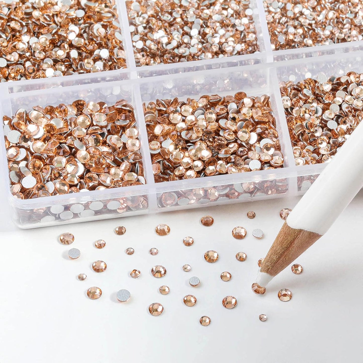 Beadsland 7200pcs Flatback Rhinestones,Champagne Rhinestone Nail Gems Round Crystal Rhinestones for Crafts,Mixed 6 Sizes with Wax Pencil Kit, SS3-SS10,Light Peach