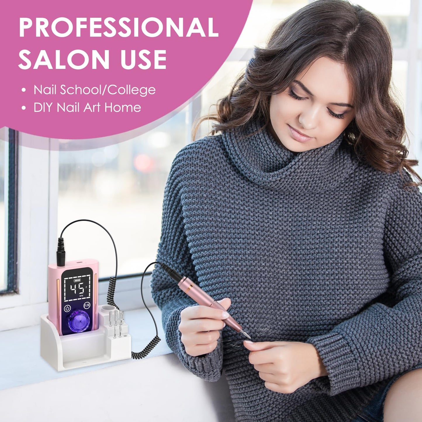 Electric Nail Drill 45000 RPM, Professional Rechargeable Nail File Kit, Portable Nail Drill Machine, Acrylic Nail Kit, Touch Screen Control, for Any Manicure, Pedicure, Pink
