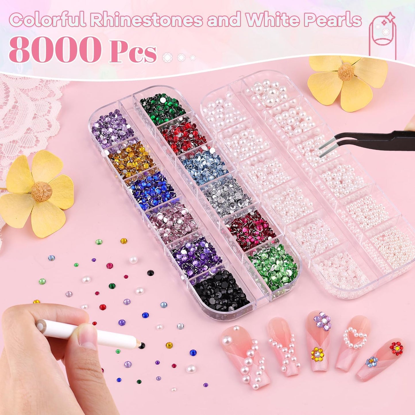 8000Pcs Nail Pearls and Colorful Rhinestones for Nail Art with Rhinestone Glue, White Pearl Nail Charms(Flatback+Round), Nail Gems and Rhinestones Crystals Charms Bedazzling Gems for Manicure Decor