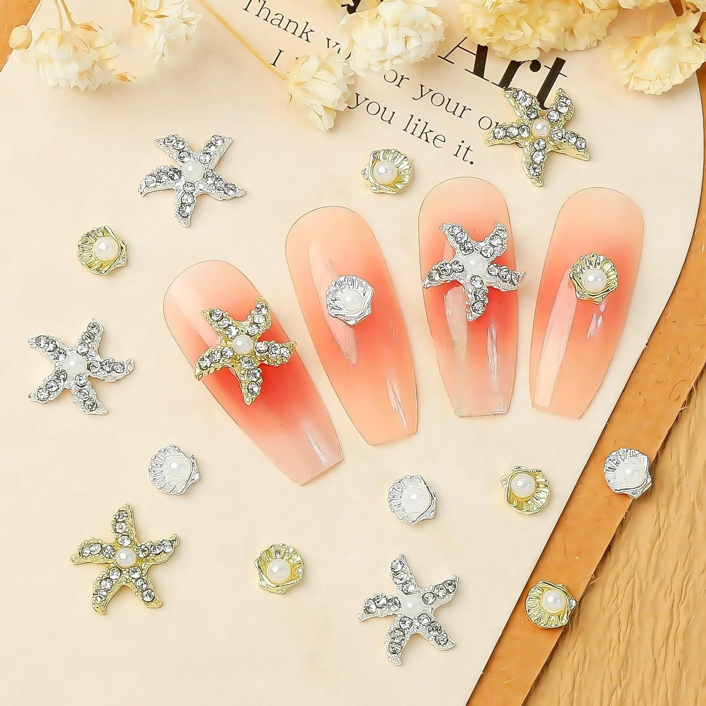 24Pcs Gold Silver 3D Mixed Color Starfish Nail Charms Alloy Summer Beach Nail Art Rhinestones Pearl Metallic Shell Nail Jewelry Ocean Theme Starfish Sea Series Nail Supplies Manicure Gems for Women