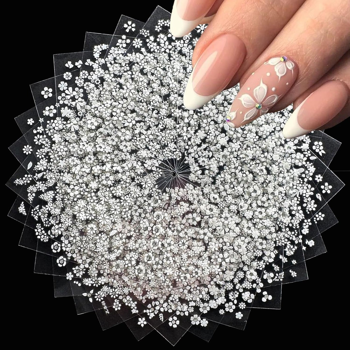 30 Sheets White Flower Nail Art Stickers with Rhinestones Designs - 3D Self Adhesive Nail Decals for Women & Girls