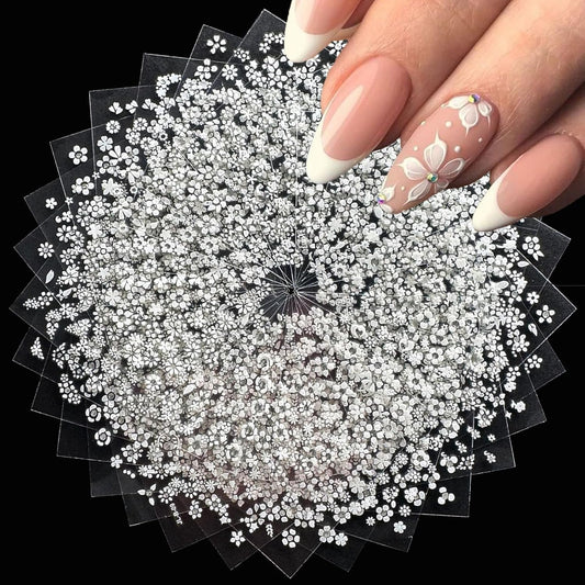 30 Sheets White Flower Nail Art Stickers with Rhinestones Designs - 3D Self Adhesive Nail Decals for Women & Girls