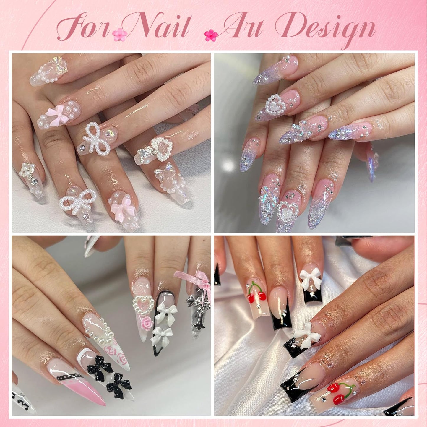 Chunky Nail Charms and Gems Set 1, Girly Coquette Nail Charms + Assorted Pearl Bows Heart Star Moon + Cute 3D Flowers for Nails + Pink & White Flatback Pearls with Pickup Tool for Kawaii Nail Design