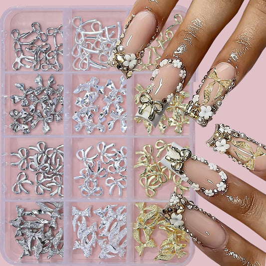 96Pcs/Box 3D Metal Bow Nail Art Charm Gold/Silver Alloy Bows Nail Charm for Nails Art 3D Alloy Bow Tie Jewelry Nail Rhinestone Kawaii Nail Crafts Decor DIY Accessories Manicure Designs Supplies