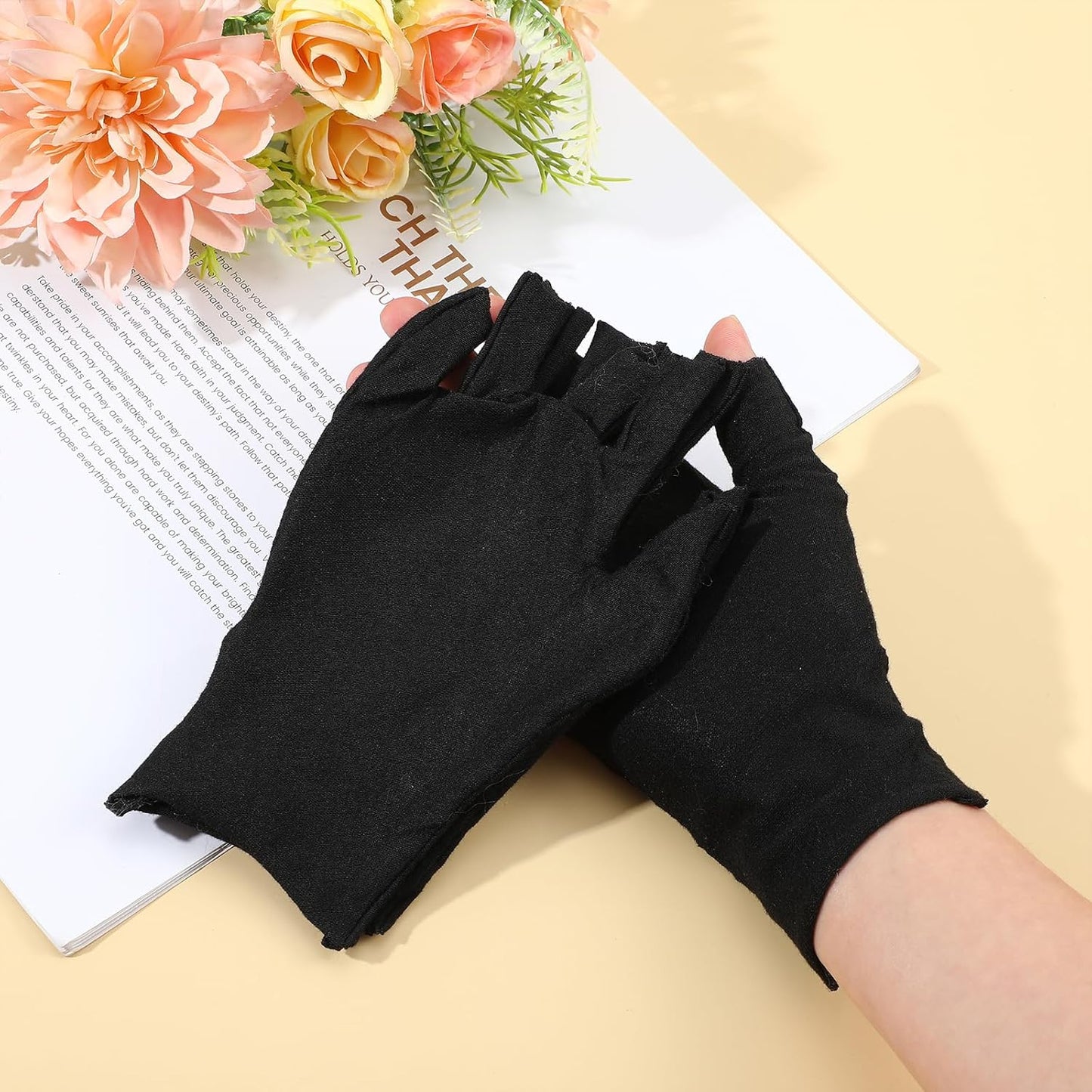 7 Pairs 100% Cotton Gloves, Black Breathable Moisturizing Night Glove for Dry Hands & Overnight Care, Fingerless Design Touchscreen-Friendly Gloves for Women & Men