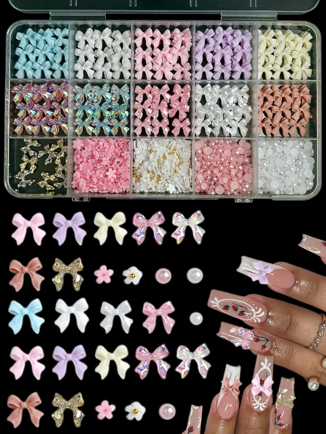 3D Bow Nail Charms Kit, Cute Pink Flowers White Flatback Pearl Charms for Nails, Gold Nail Bows Charms Nails Design for Women Manicure DIY Crafts Art Accessories