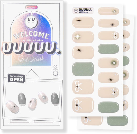 UUUUUU Semi Cured Gel Nail Strips | Salon-Quality | UV Free Gel Nail Wraps for Women | Easy Peel&Stick | Long-Lasting up to 14 Days | 28 Strips Set+File & Wipes | Gift-Ready(UGN146 Grey Ribbon)