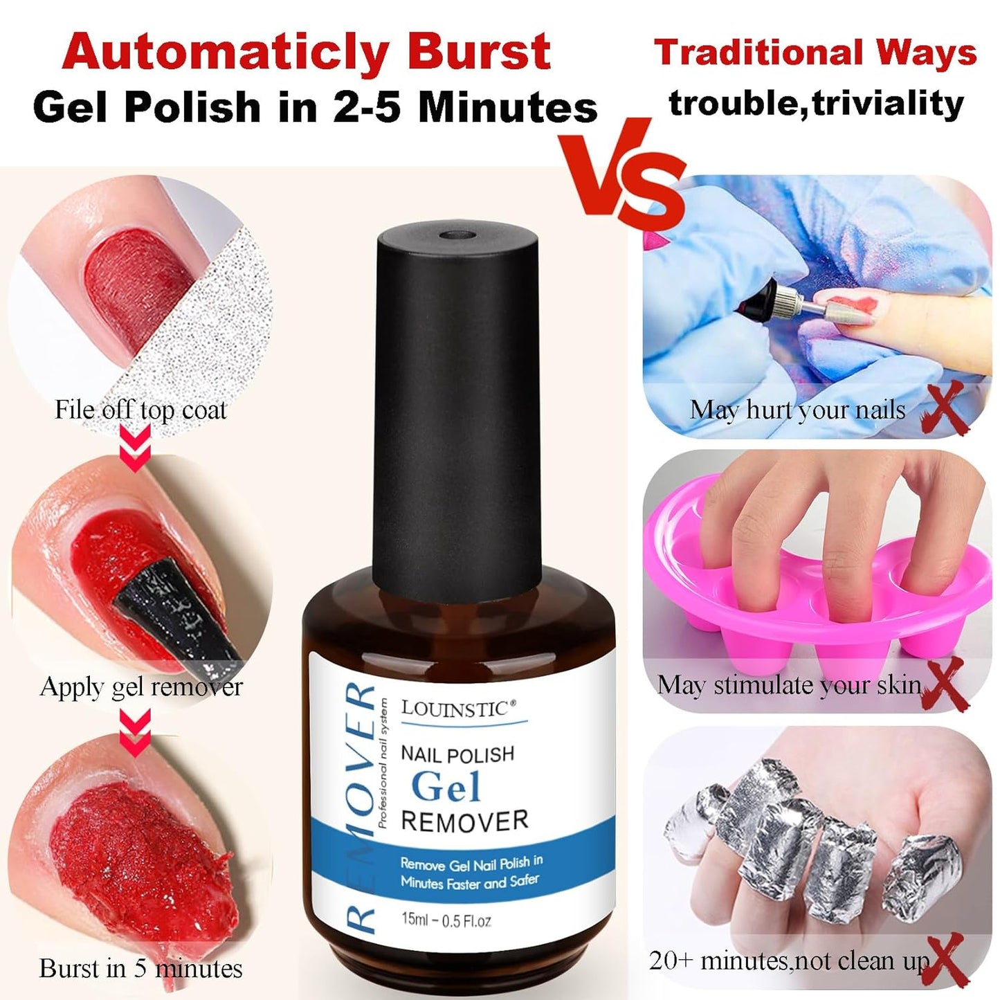LOUINSTIC Gel Remover for Nails - 2 Bottles (15ML Each) - Easy & Fast Nail Polish Removal Does Not Damage Nails Portable for Travel - Professional Grade Kit with Sanding Strips,Manicure Tools