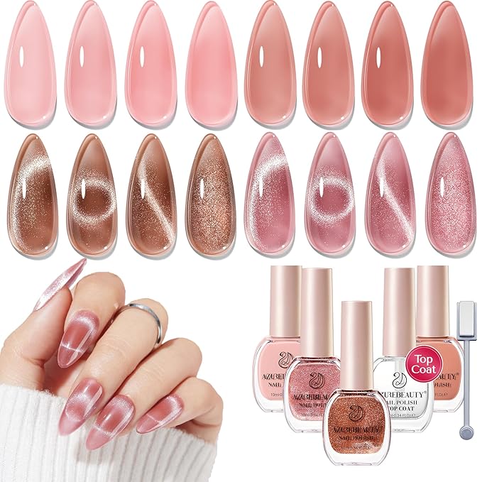AZUREBEAUTY Cat Eye Nail Polish Set, 4 Colors Magnetic Nude Jelly Glitter Quick Air Dry Non Gel Natural Fingernail Lacquer Strengthening Treatment Kit with Top Coat DIY Salon at Home