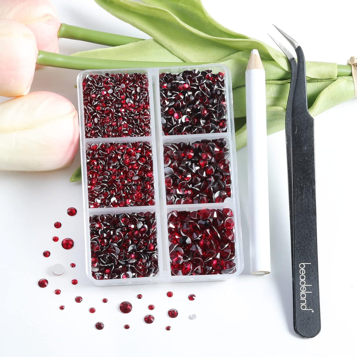Beadsland 4300pcs Flatback Rhinestones,Dark Red Rhinestone Nail Gems Round Crystal Rhinestones for Crafts,Mixed 6 Sizes with Picking Tweezers and Wax Pencil Kit, SS6-SS20,Dark Siam