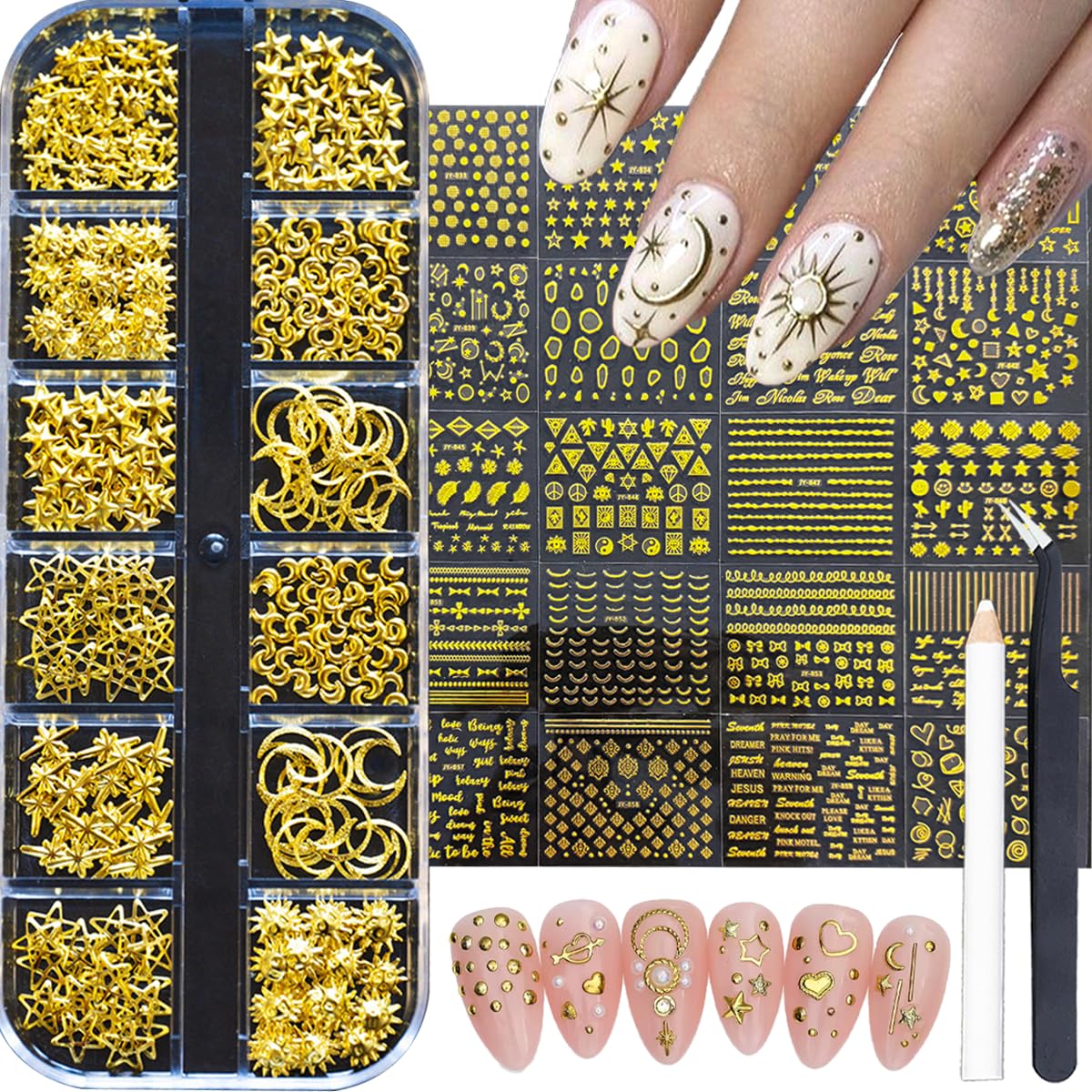 30 Sheets Gold Nail Art Sticker 3D Self-Adhesive Gold Star Moon Heart Line Nail Decals with 3D Nail Art Metal Charms Gold Metal Nail Art Design Nail Supplies for Women Manicure Kit Nail Art Decoration