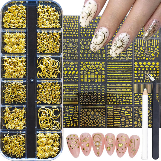 30 Sheets Gold Nail Art Sticker 3D Self-Adhesive Gold Star Moon Heart Line Nail Decals with 3D Nail Art Metal Charms Gold Metal Nail Art Design Nail Supplies for Women Manicure Kit Nail Art Decoration