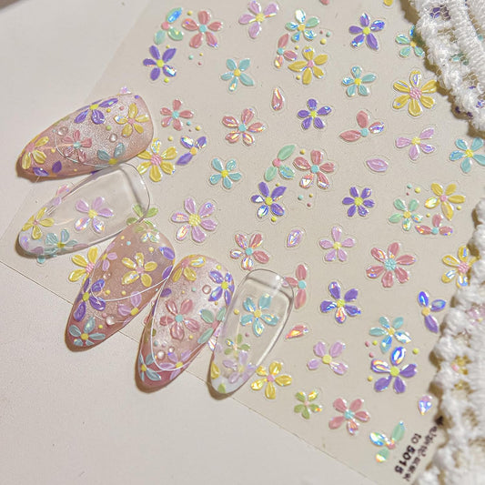1 Sheet Colorful Flower Nail Stickers, 5D Embossed Self-Adhesive Nail Decals, Summer Glossy Floral Nail Design Stickers for Women DIY Spring Floral Manicure Decoration Supplies