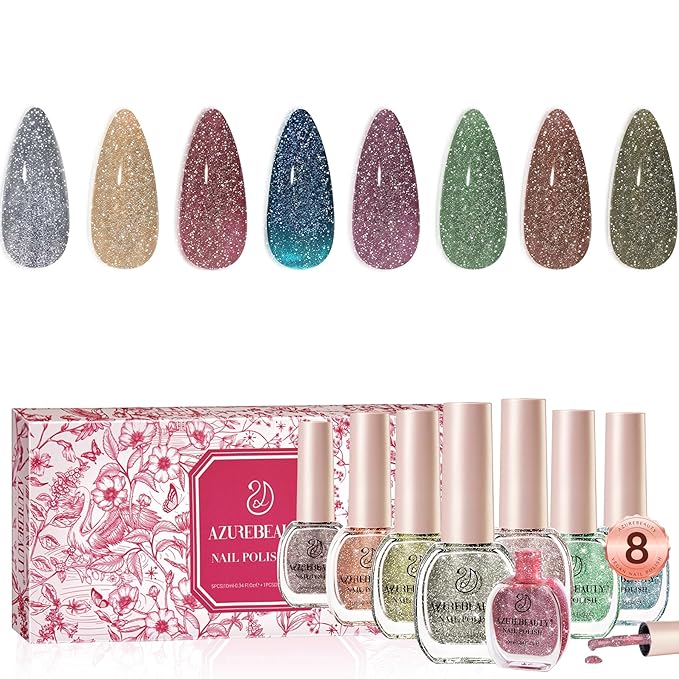 AZUREBEAUTY Reflective Nail Polish Set, 8 Colors Glitter Sparkly Shiny Green Silver Pink Quick Dry Natural Nail Lacquer Strengthening Treatment DIY Manicure Nail Salon