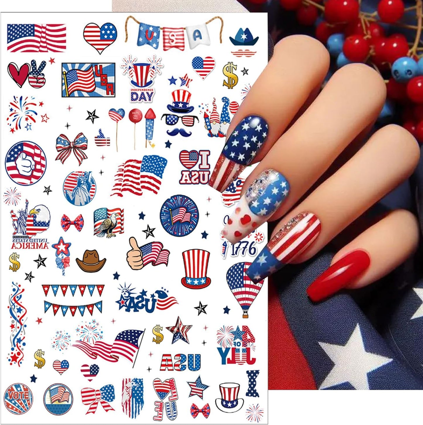 6pcs 4th of July Nail Stickers 3D Nail Decals Independence Day Nail Art Sticker for USA Flags Heart Star Stripe Letters Fireworks Nails Design Adhesive Sticker Patriotic Manicure Decorations for Women