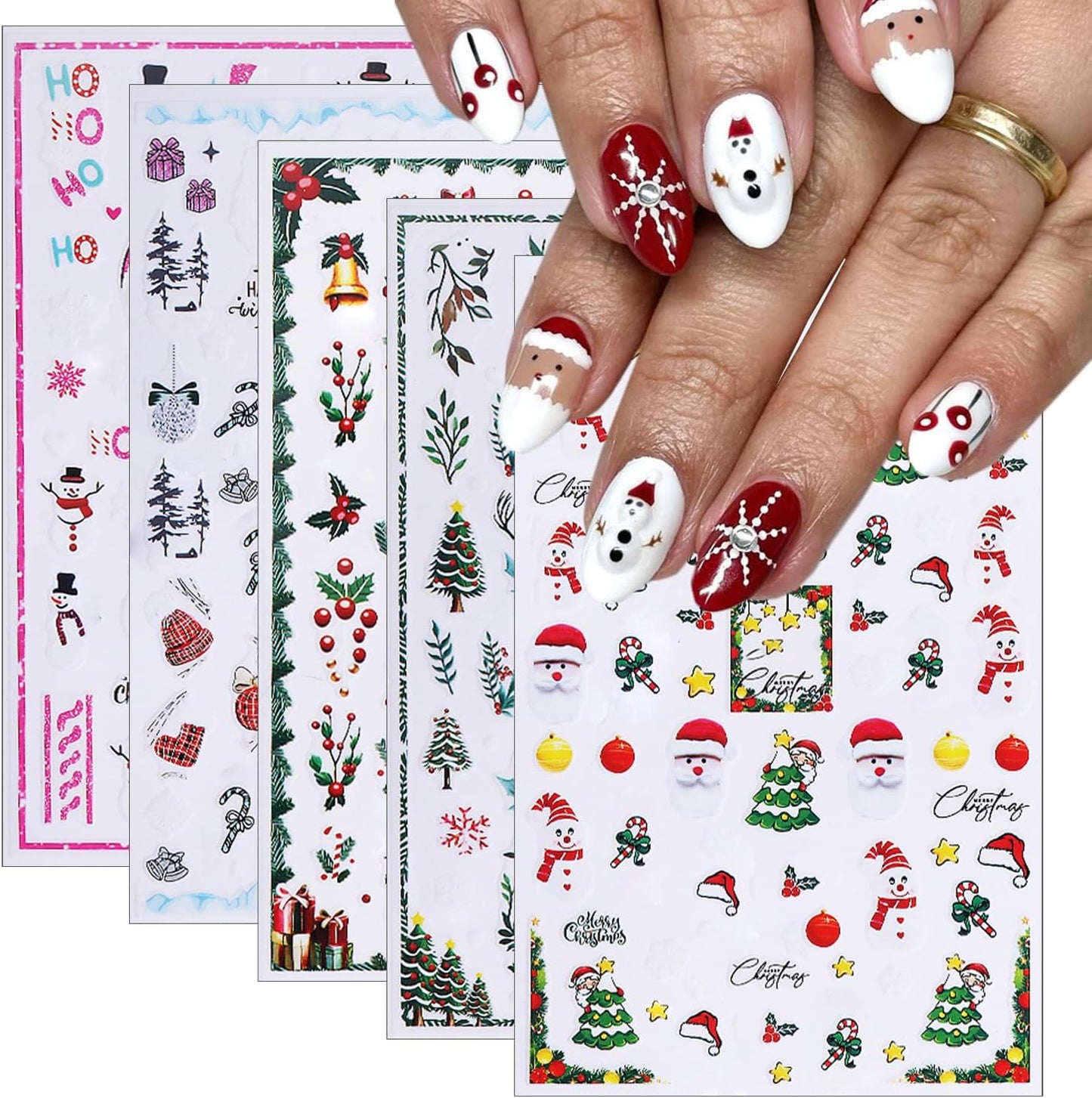 5 Sheets Christmas Nail Stickers 3D Self-Adhesive Dwarf Santa Claus Snowflake Xmas Trees Nail Decals Cute Elk Penguin Nails Design Stickers Winter Nails Supplies for Women Holiday DIY Manicure Decor