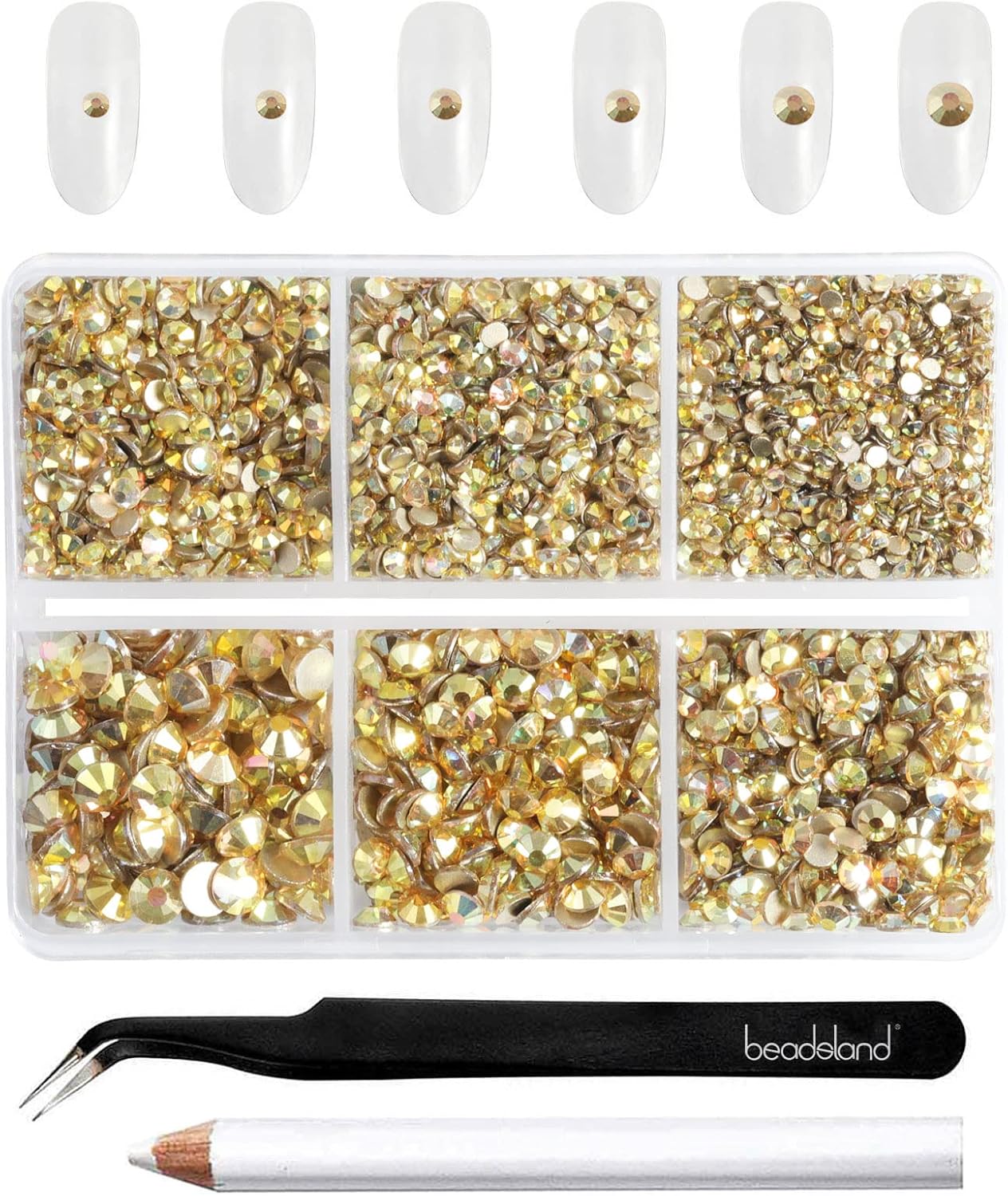 Beadsland 4300pcs Flatback Rhinestones,Gold Rhinestone Nail Gems Round Crystal Rhinestones for Crafts,Mixed 6 Sizes with Picking Tweezers and Wax Pencil Kit, SS6-SS20,Metal Sunlight