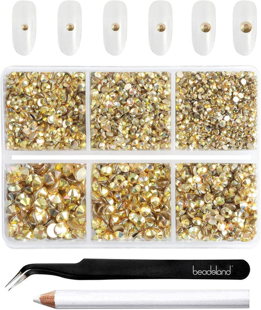 Beadsland 4300pcs Flatback Rhinestones,Gold Rhinestone Nail Gems Round Crystal Rhinestones for Crafts,Mixed 6 Sizes with Picking Tweezers and Wax Pencil Kit, SS6-SS20,Metal Sunlight