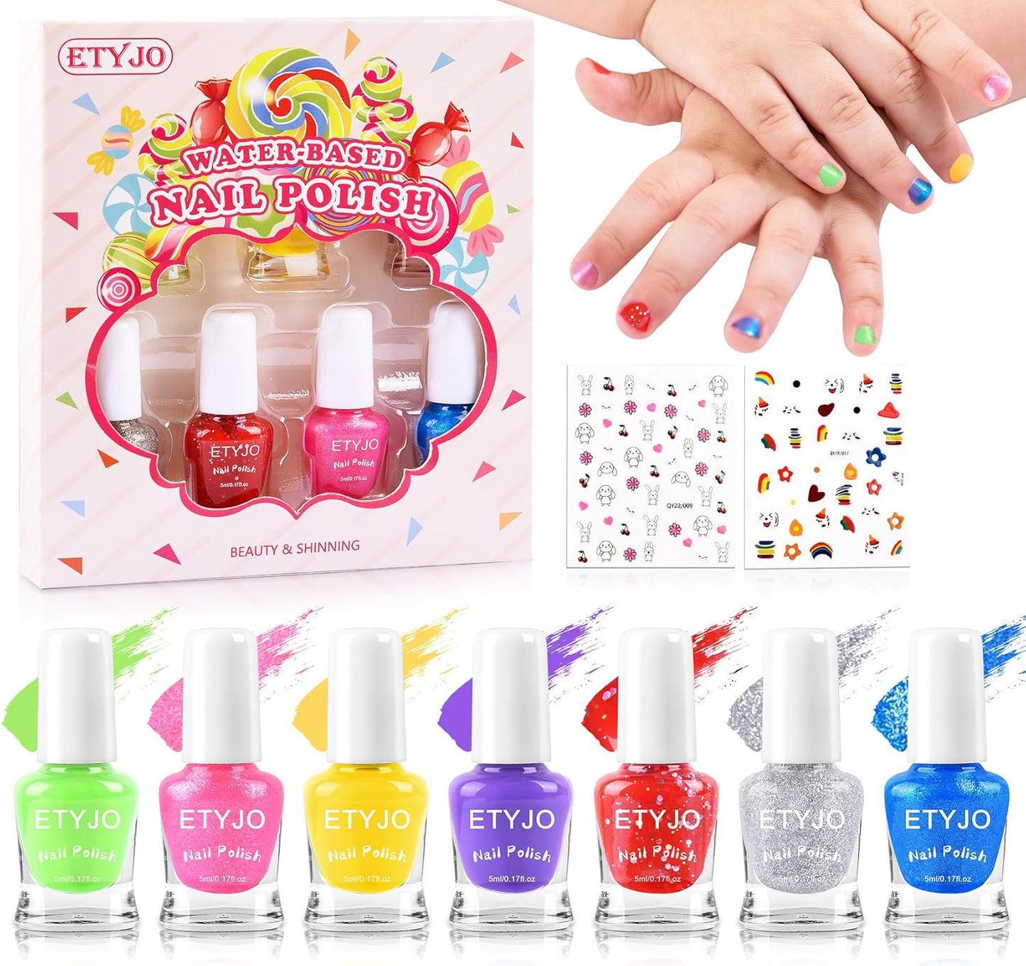 Kids Nail Polish - 100% Non Toxic Peel - Off Water-Based Quick Dry Nail Polish for Toddler 7 Candy Colors With Sticker for Girls Ages 3+