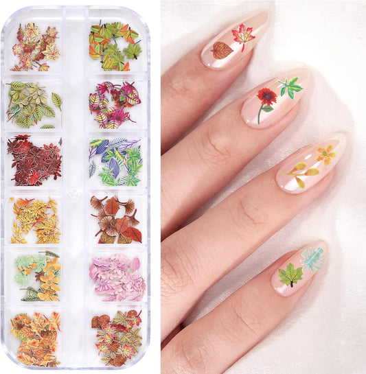 300Pcs 3D Flower Nail Art Charms Sequins Decals Colorful Mixed Maple Leaves Design Slice Nail Flowers Ultra Wood Pulp Flakes Sequins 5