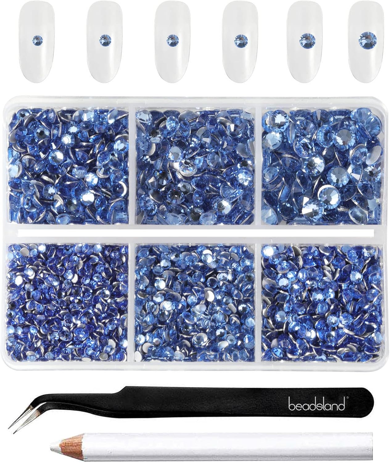 Beadsland 4300pcs Flatback Rhinestones,Light Blue Rhinestone Nail Gems Round Crystal Rhinestones for Crafts,Mixed 6 Sizes with Picking Tweezers and Wax Pencil Kit, SS6-SS20,Light Sapphire